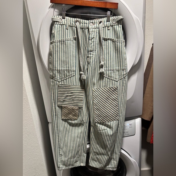 🌿 Free People Moxie Railroad Low-Slung Jeans Green Striped Patchwork Pants - Picture 2 of 4